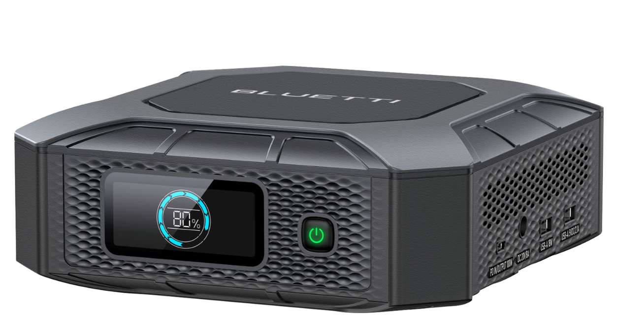 Bluetti portable solar generator with digital display and power button, renewable energy device