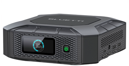 Bluetti portable solar generator with digital display and power button, renewable energy device