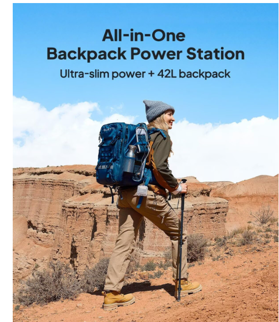 Hiker with 42L backpack power station and gear on a rocky outdoor trail