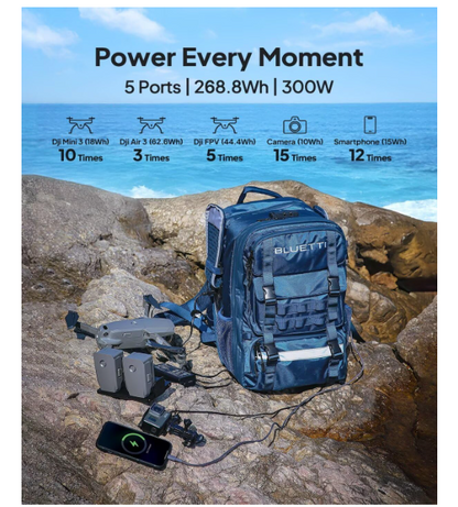 Portable solar generator backpack charging drone and smartphone outdoors by the ocean