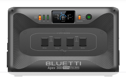 Bluetti Apex 300 solar generator front view with digital display and power outlets
