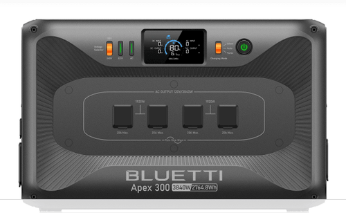 Bluetti Apex 300 solar generator front view with digital display and power outlets
