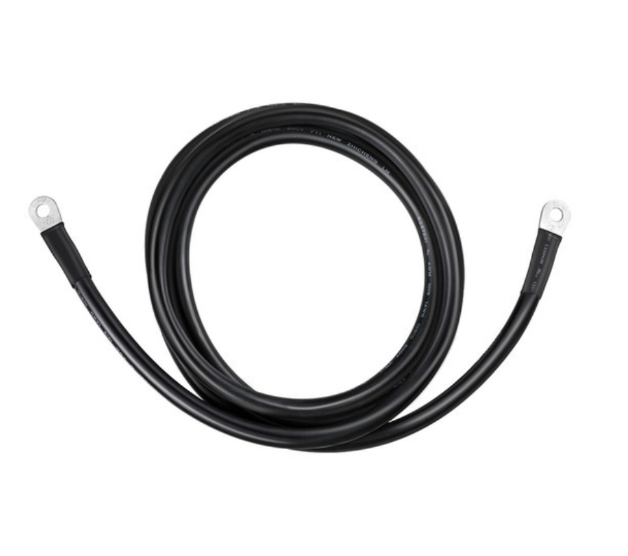 Black solar generator power cable with metal ring terminals on white background