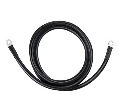 Black solar generator power cable with metal ring terminals on white background