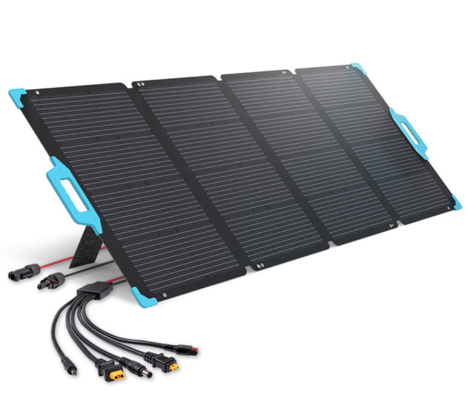 Foldable portable solar panel with connector cables for renewable energy generation