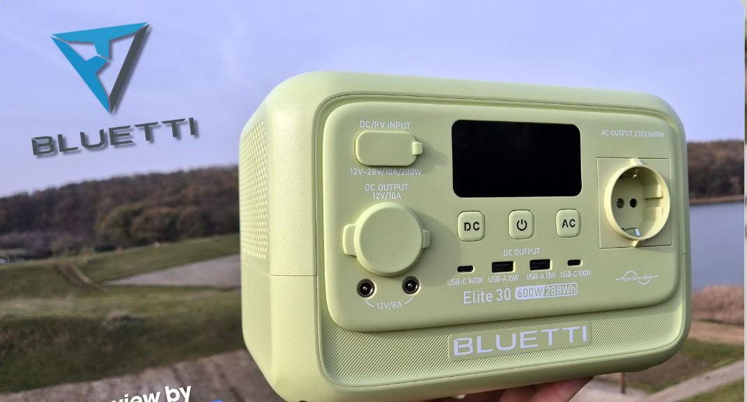 Green BLUETTI power station with a scenic background