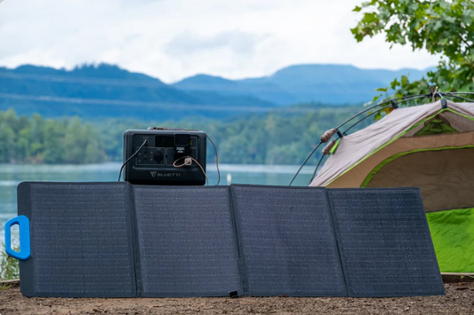 Bluetti PV120 120W foldable solar panel with carrying handle and compact portable charging design