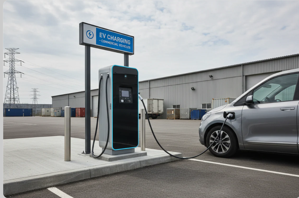 Electric vehicle charging station with an electric car plugged in, set against a clear sky.
