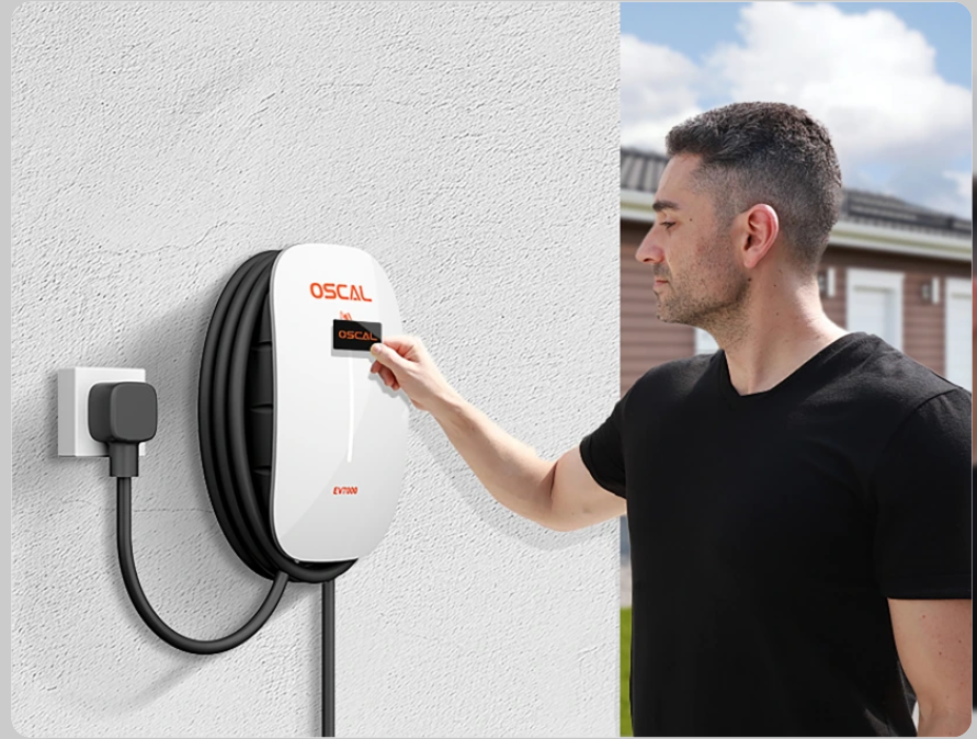 Person using an electric vehicle charging station on a wall