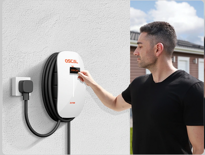 Person using an electric vehicle charging station on a wall