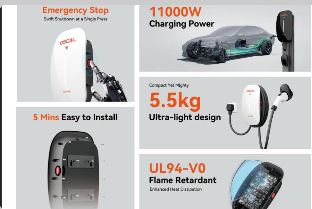 OSCAL EV11000 48A Level 2 EV charger with wall-mount design, app control, RFID access, and 120V/240V support