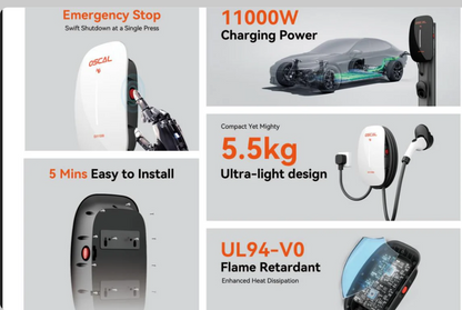 OSCAL EV11000 48A Level 2 EV charger with wall-mount design, app control, RFID access, and 120V/240V support