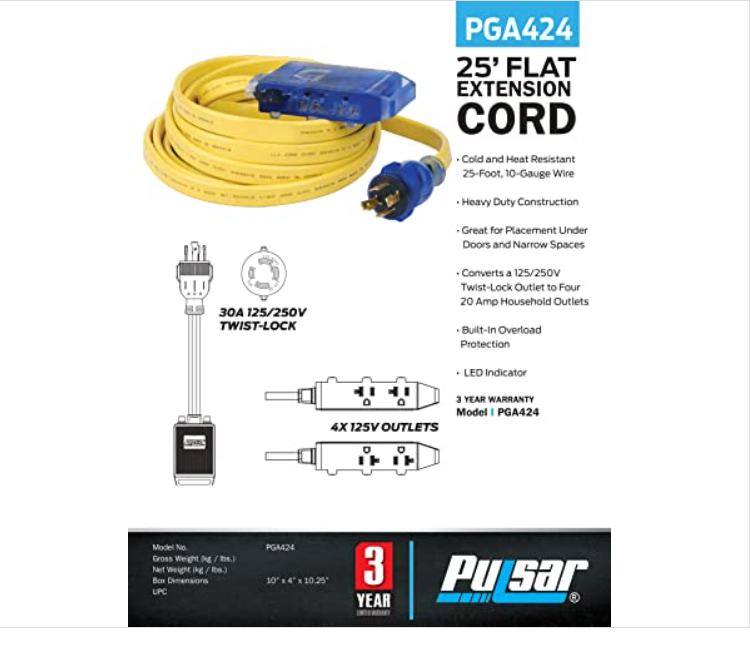 25-foot flat yellow extension cord with blue 30A twist-lock plug, 4 outlets, heavy-duty, model PGA424