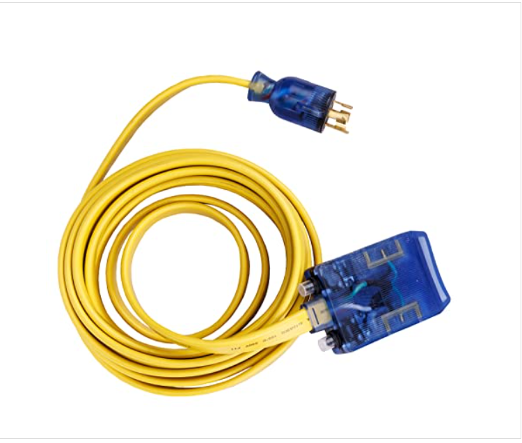 Yellow heavy-duty generator extension cord with blue plug and outlet connectors