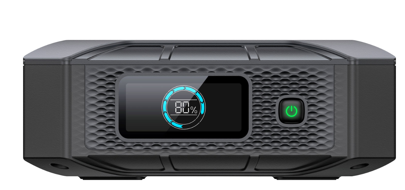 SolarFlare portable generator with digital battery display and power button, renewable energy device