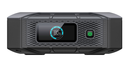 SolarFlare portable generator with digital battery display and power button, renewable energy device