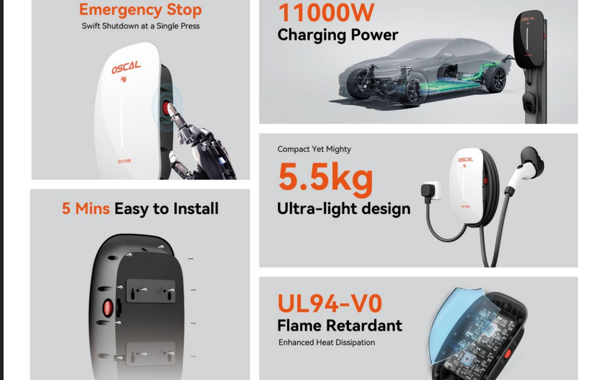 Electric vehicle charger with 11000W power, lightweight 5.5kg design, emergency stop, easy installation, and flame retardant features.