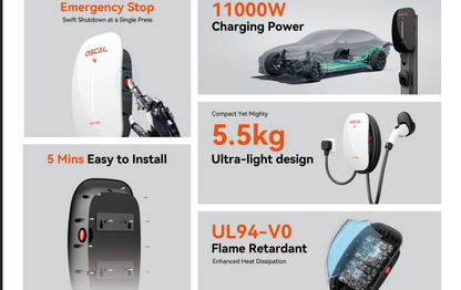 Electric vehicle charger with 11000W power, lightweight 5.5kg design, emergency stop, easy installation, and flame retardant features.