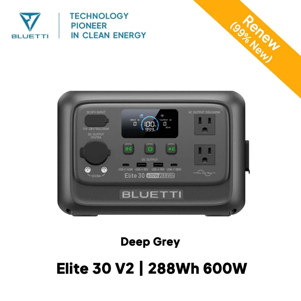 Deep grey portable power station with a digital display and multiple output ports for charging devices, labeled Elite 30 V2, 288Wh.