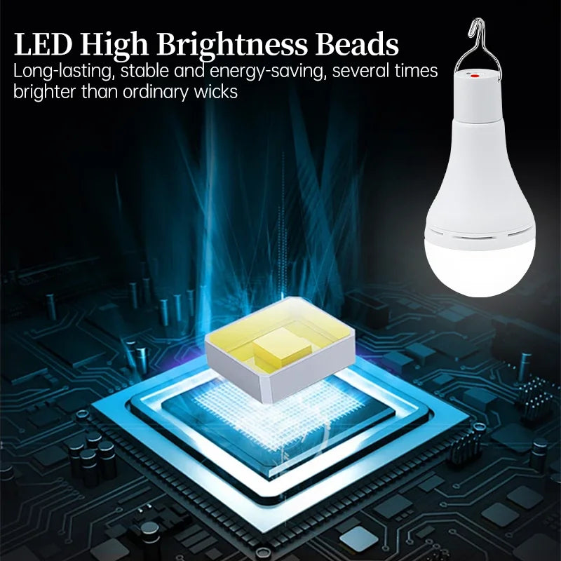 Rechargeable Solar Camping Light with white finish and a sleek bulb design, showcasing LED brightness enhancement.