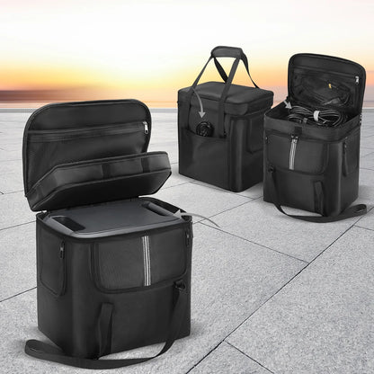 Portable black solar generator carrying cases with storage compartments on outdoor tiles at sunset