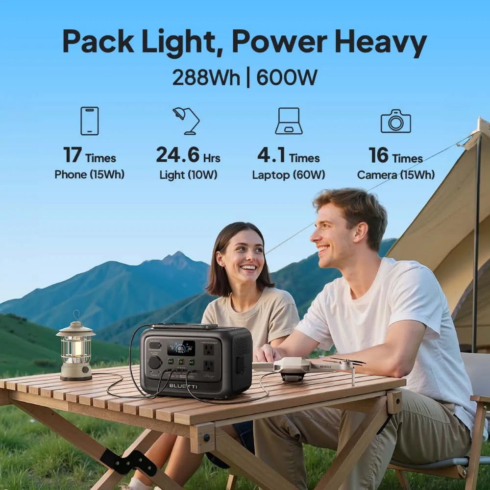 Portable BLUETTI Elite 30 V2 power station on a wooden table outdoors, supplying power to devices while a smiling couple enjoys camping.