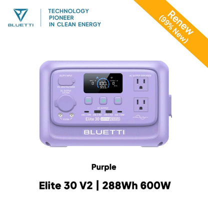 Purple BLUETTI Elite 30 V2 Portable Power Station with 288Wh capacity, featuring multiple outlets and a digital display.