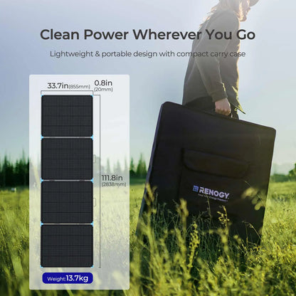 Lightweight Renogy 400W portable solar suitcase with a compact black carry case, designed for outdoor activities.