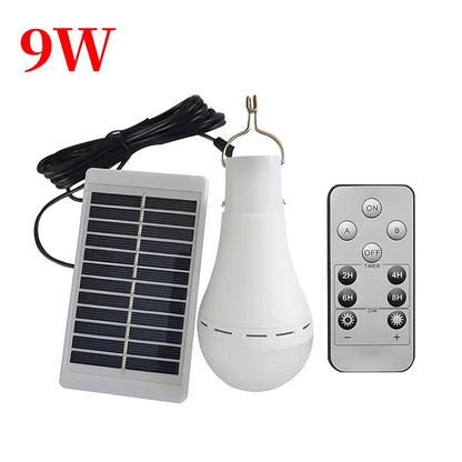 Rechargeable solar camping light in white with a solar panel and remote control. Lightweight with a hanging hook for easy use.