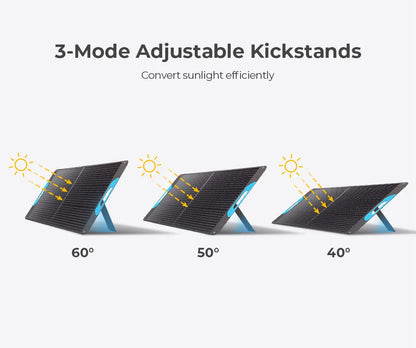 Renogy 200W Portable Solar Panel with three adjustable kickstands set at 60°, 50°, and 40° angles for optimal sunlight capture.