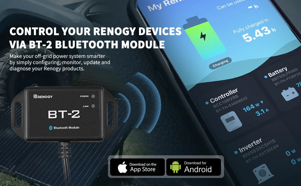 Renogy BT-2 Bluetooth module with smartphone solar power monitor app interface