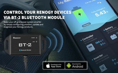 Renogy BT-2 Bluetooth module with smartphone solar power monitor app interface
