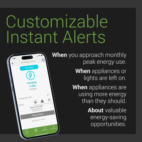 Smartphone displaying energy usage alerts with text about customizable instant alerts for SolarFlare Generators.