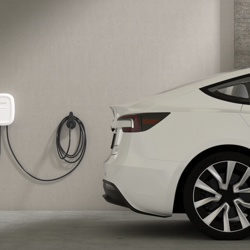 Emporia Pro EV charger in white with 48A hardwire setup, NACS connector, 25 ft cable, and wall holster
