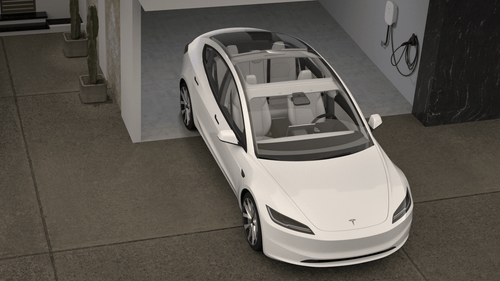 White electric car charging in garage with wall-mounted solar EV charger by SolarFlares Generators