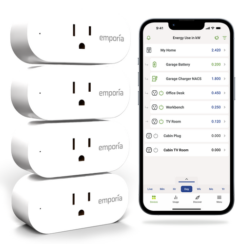 Emporia Smart Plug Energy Monitor 4-Pack WiFi Smart Outlets 10A 1800W Real-Time Energy Tracking