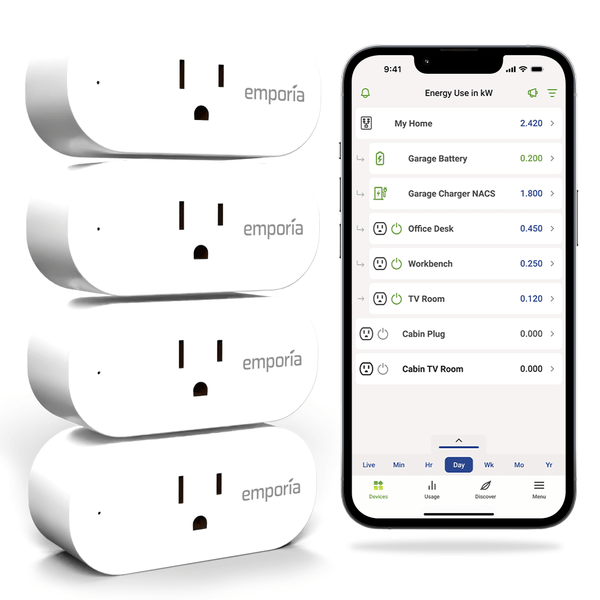 Emporia Smart Plug Energy Monitor 4-Pack WiFi Smart Outlets 10A 1800W Real-Time Energy Tracking