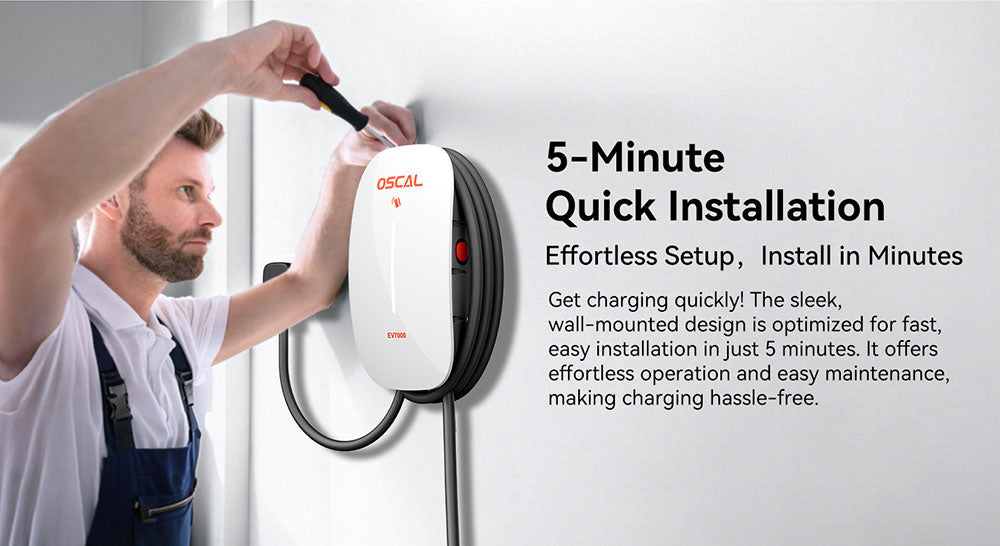 Man installing wall-mounted electric vehicle charging station with quick setup feature