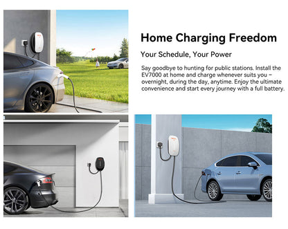 Electric vehicles charging at home using a wall-mounted EV charger outdoors and in a garage.