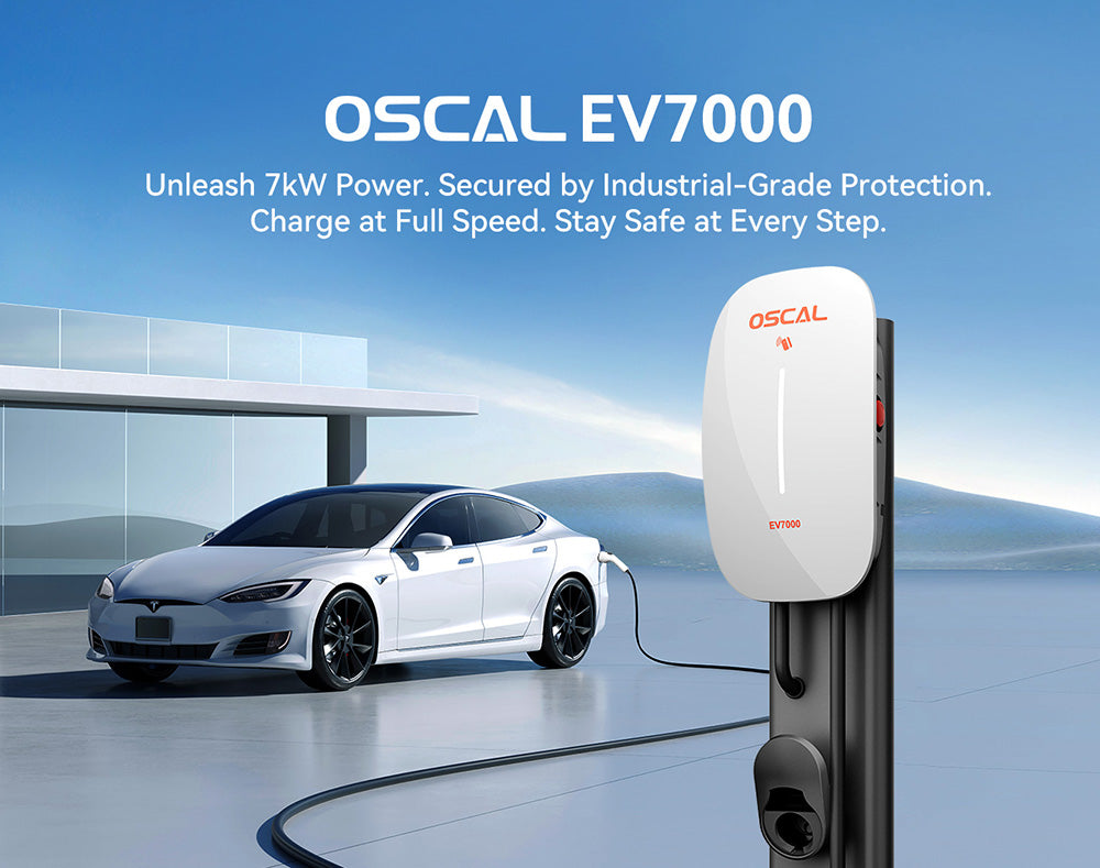OSCAL EV7000 electric vehicle charging station in modern outdoor setting with a white car charging.
