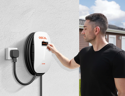 Man using wall-mounted EV charger outdoors, plugging in electric vehicle charging station