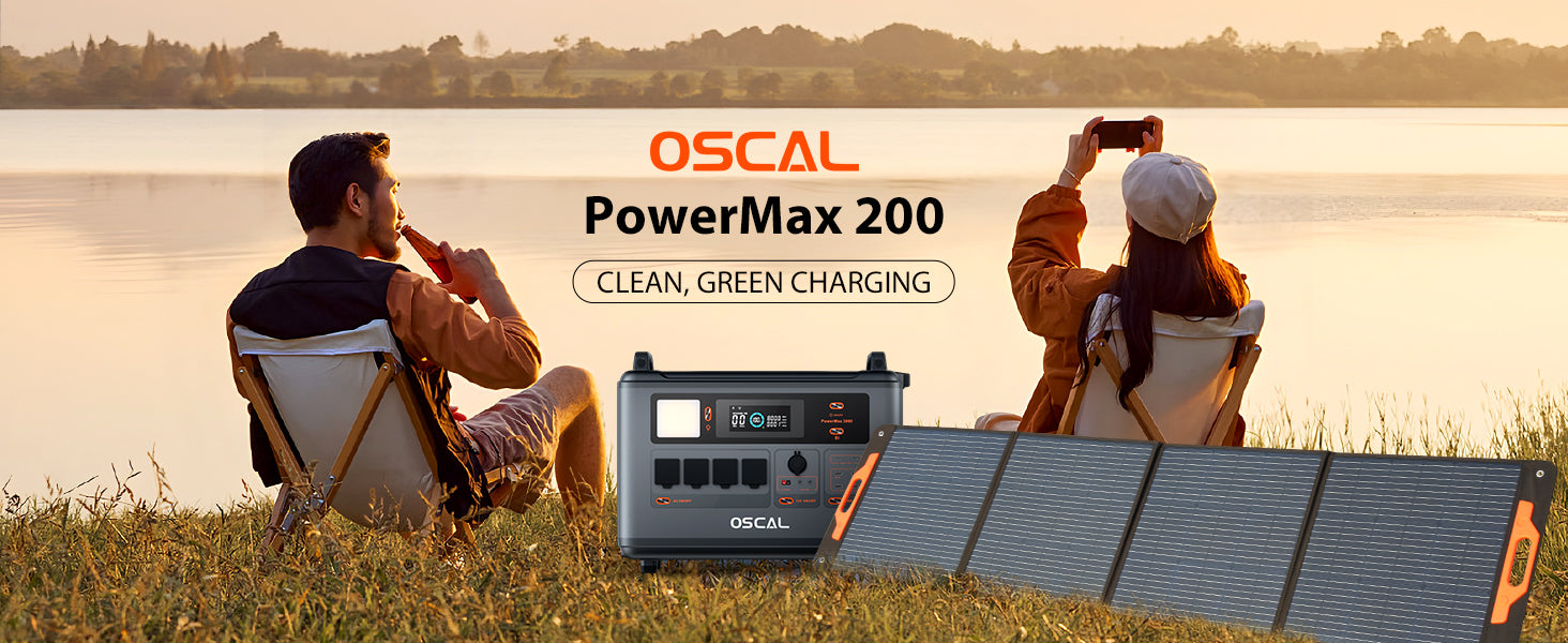 Outdoor scene with two people by a lake, portable solar generator and solar panel setup