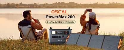 Outdoor scene with two people by a lake, portable solar generator and solar panel setup