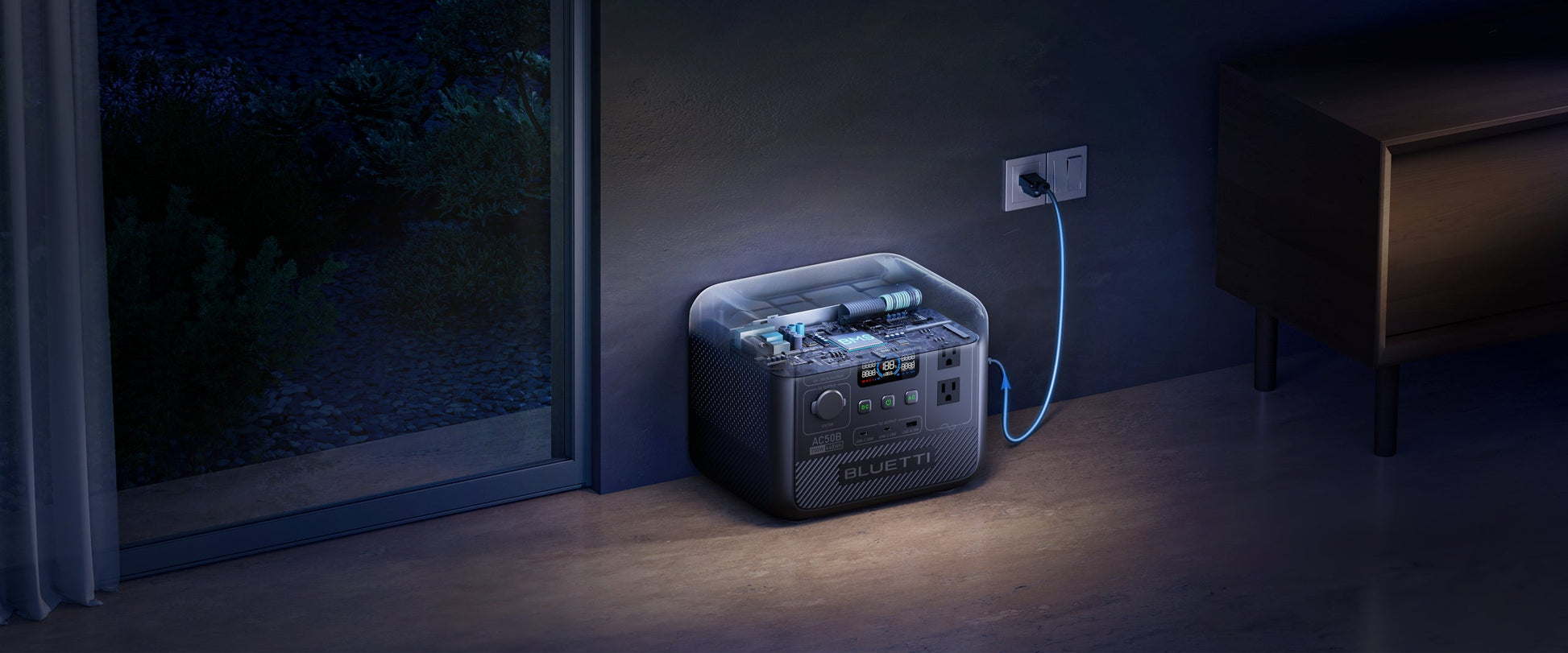 Compact BLUETTI AC50B portable power station in a corner, connected to a wall outlet, with a sleek design and multiple ports.