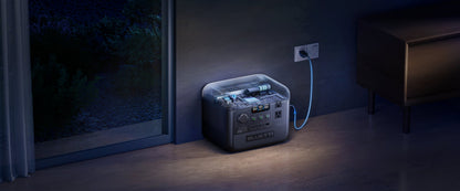 Compact BLUETTI AC50B portable power station in a corner, connected to a wall outlet, with a sleek design and multiple ports.