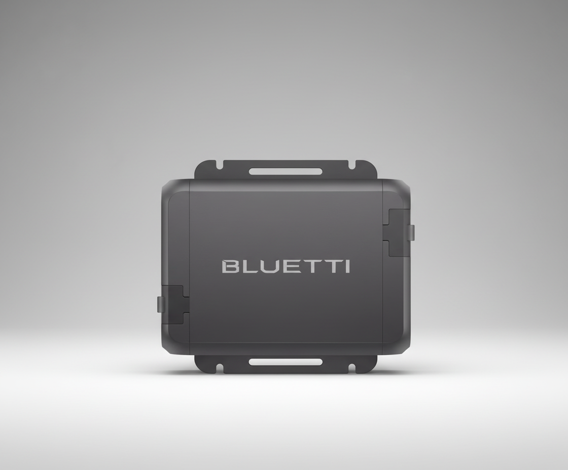 Black BLUETTI box on a gray background