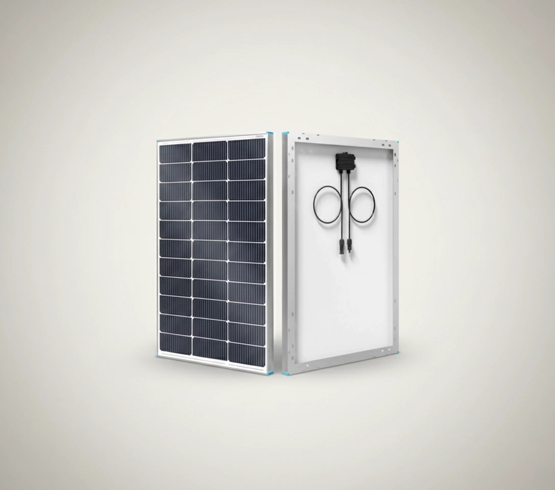 Monocrystalline solar panel front and back with connector cables, SolarFlares Generators product