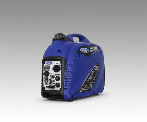 Blue portable Ford FG2300iS inverter generator with control panel, shown on gray background