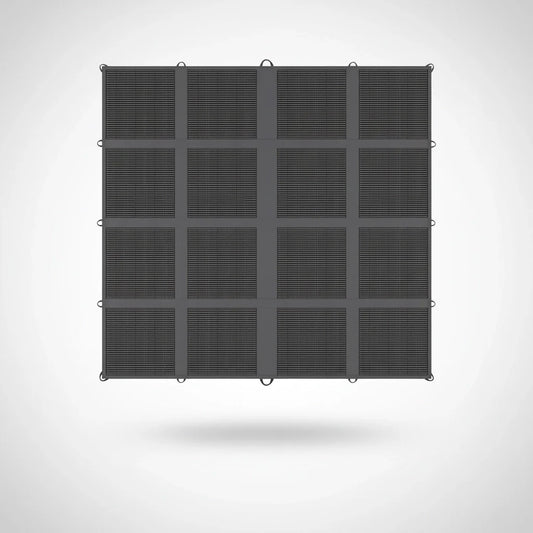 Portable solar panel kit with 16 grid sections, black, on white background.