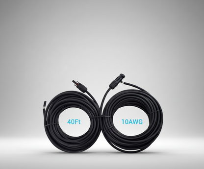 Two coiled black cables with labels indicating length and gauge on a gray background